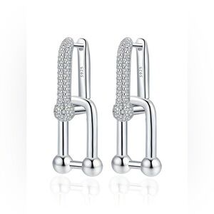925 Sterling Silver Pavé Crystal Geometric Lock Drop Earrings‎